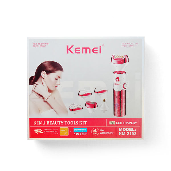 Kemei KM-2192  | 6 in 1 Beauty Tool Kit | Washable | Digital | Epilator | Shaver | Scrabber | Nose Trimmer | Massager |
