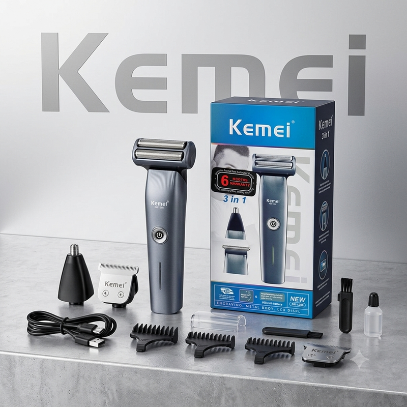 KM-1258 3 in 1 Grooming Kit with Shaver Trimmer & Nose Trimmer (Lithium Batteries)