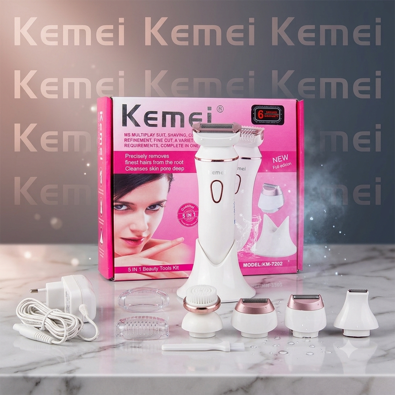 KM-7202 5 in 1 Shaver | Facial cleansing brush | Shaving Blade | Trimming Blade | 3 in 1 blade | Charging dock